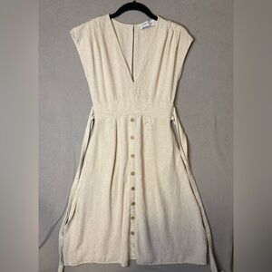 Petal & Pup linen Cream Button-Front Midi Dress